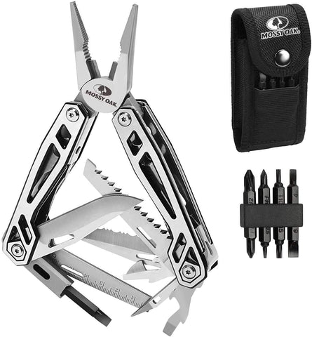 Mossy Oak Multitool 21-in-1 in stainless steel for durable outdoor tasks.