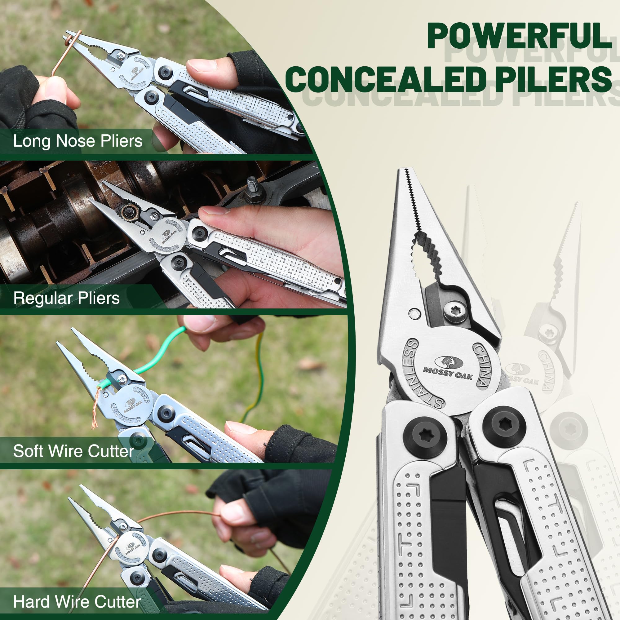 Mossy Oak Multitool folding knife blade for quick cutting on the go.