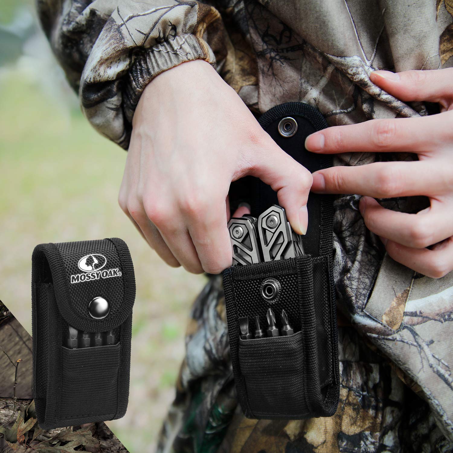 Mossy Oak Multitool knife for controlled cutting on camping trips.