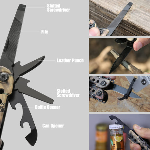 Mossy Oak multitool leather punch close-up for gear customization.
