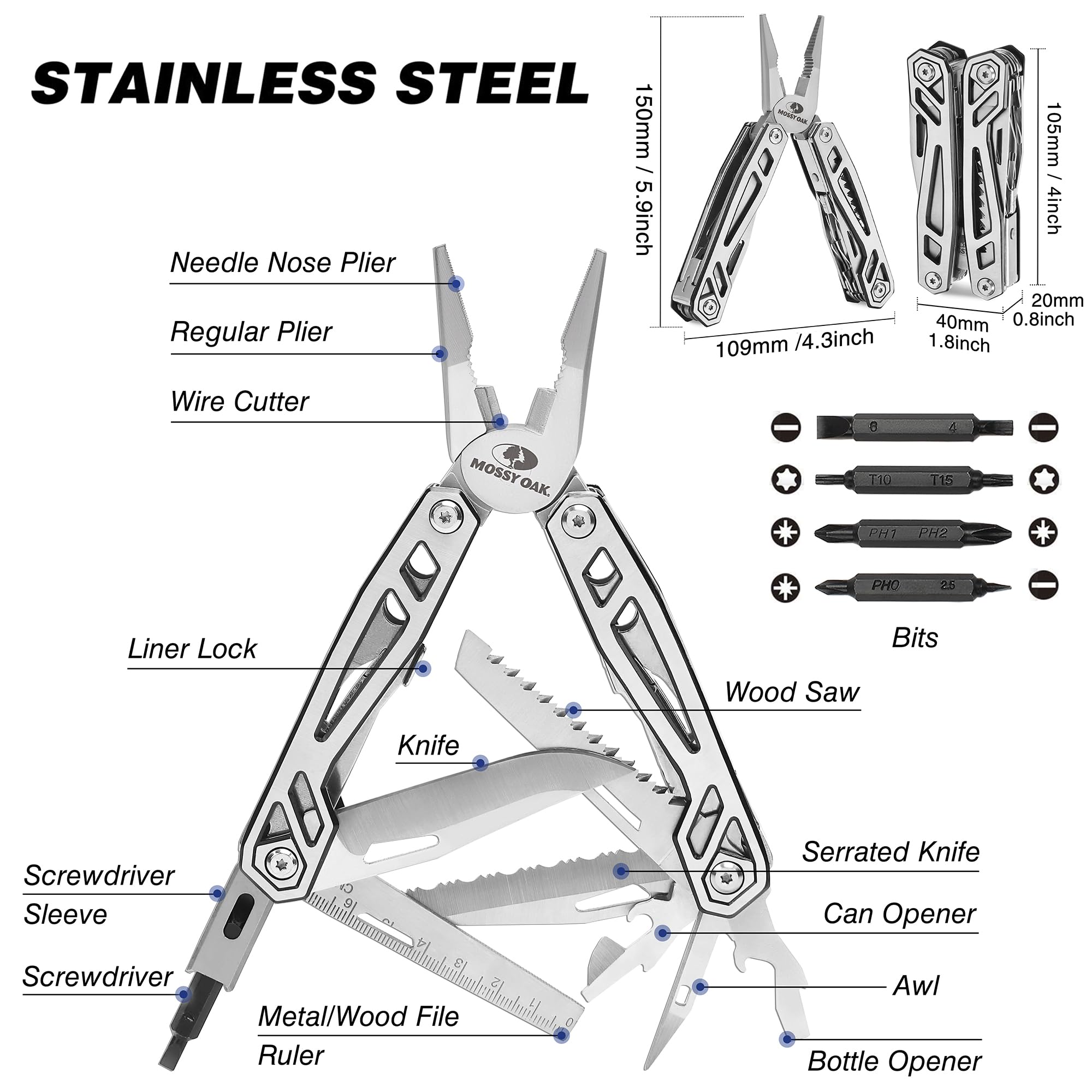 Mossy Oak Multitool needle-nose pliers ready for precise field repairs.