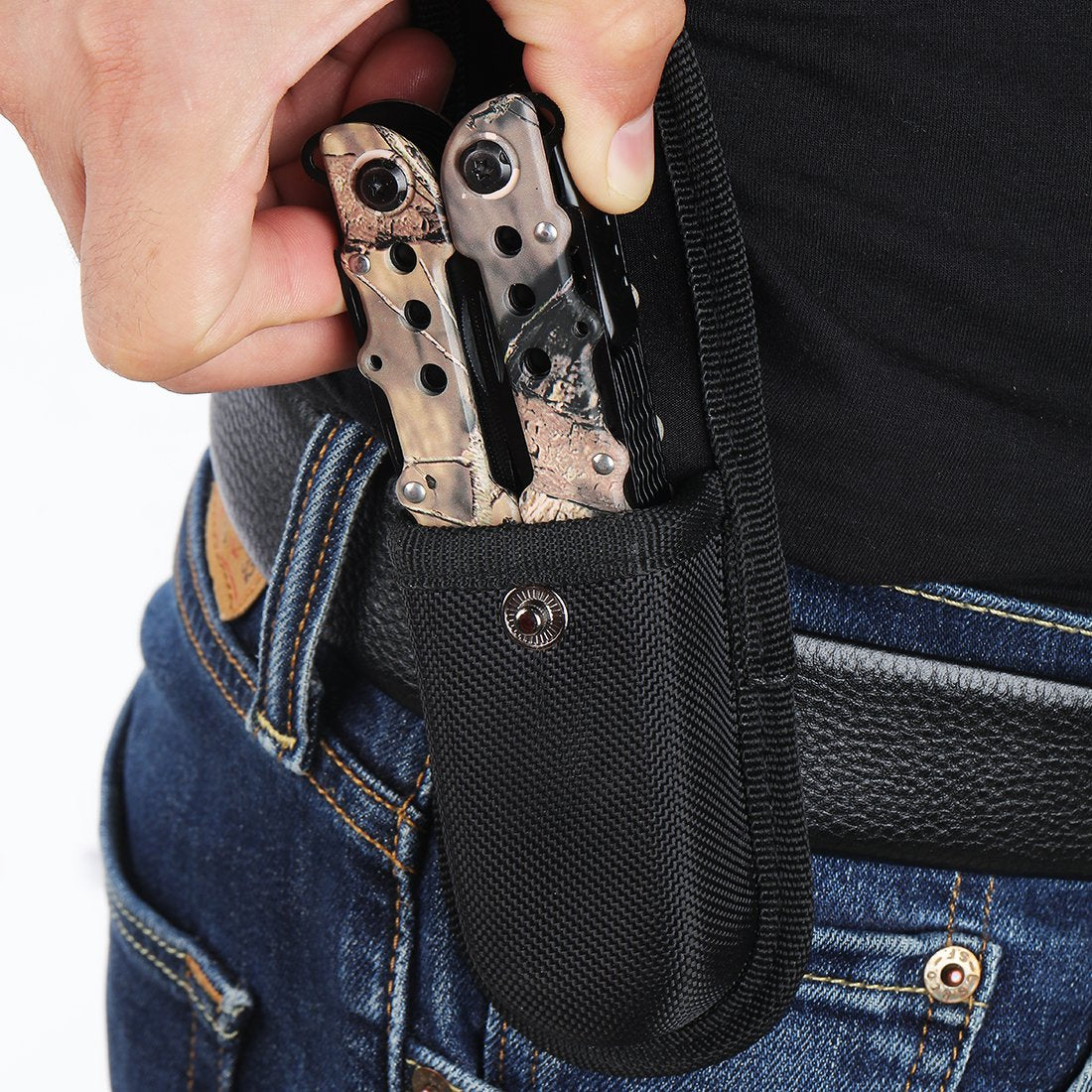 Mossy Oak multitool nylon sheath shown for portable belt carry.