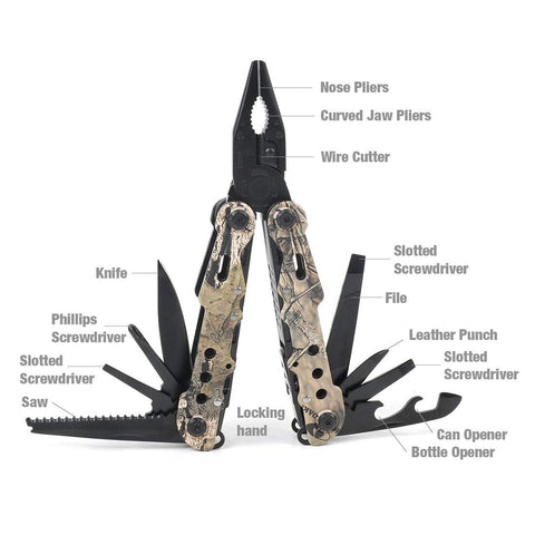 Mossy Oak multitool pliers close-up showing secure locking for safety.