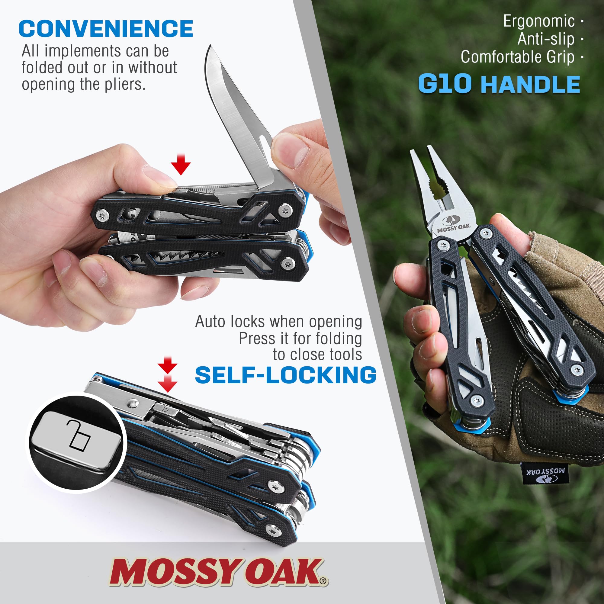 Pliers open on Mossy Oak multitool for gripping tasks