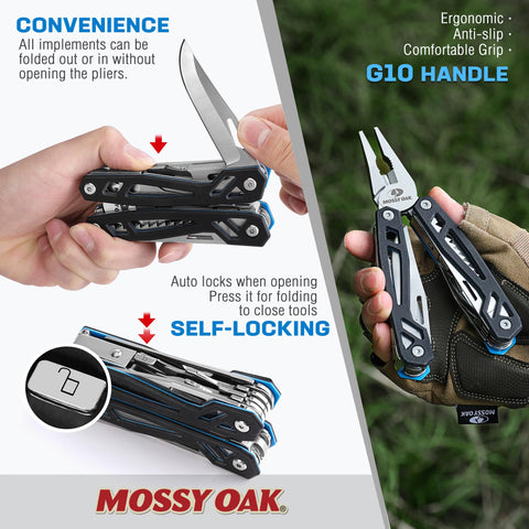 Pliers open on Mossy Oak multitool for gripping tasks