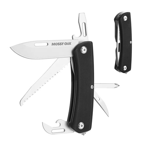 Mossy Oak multitool blade open for quick campsite cutting and prep