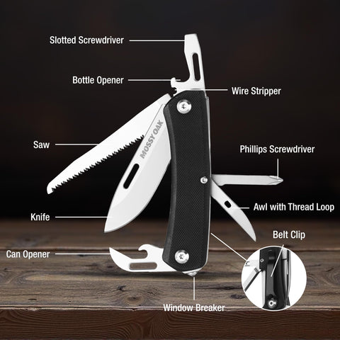 Mossy Oak multitool folded with belt clip for easy carry