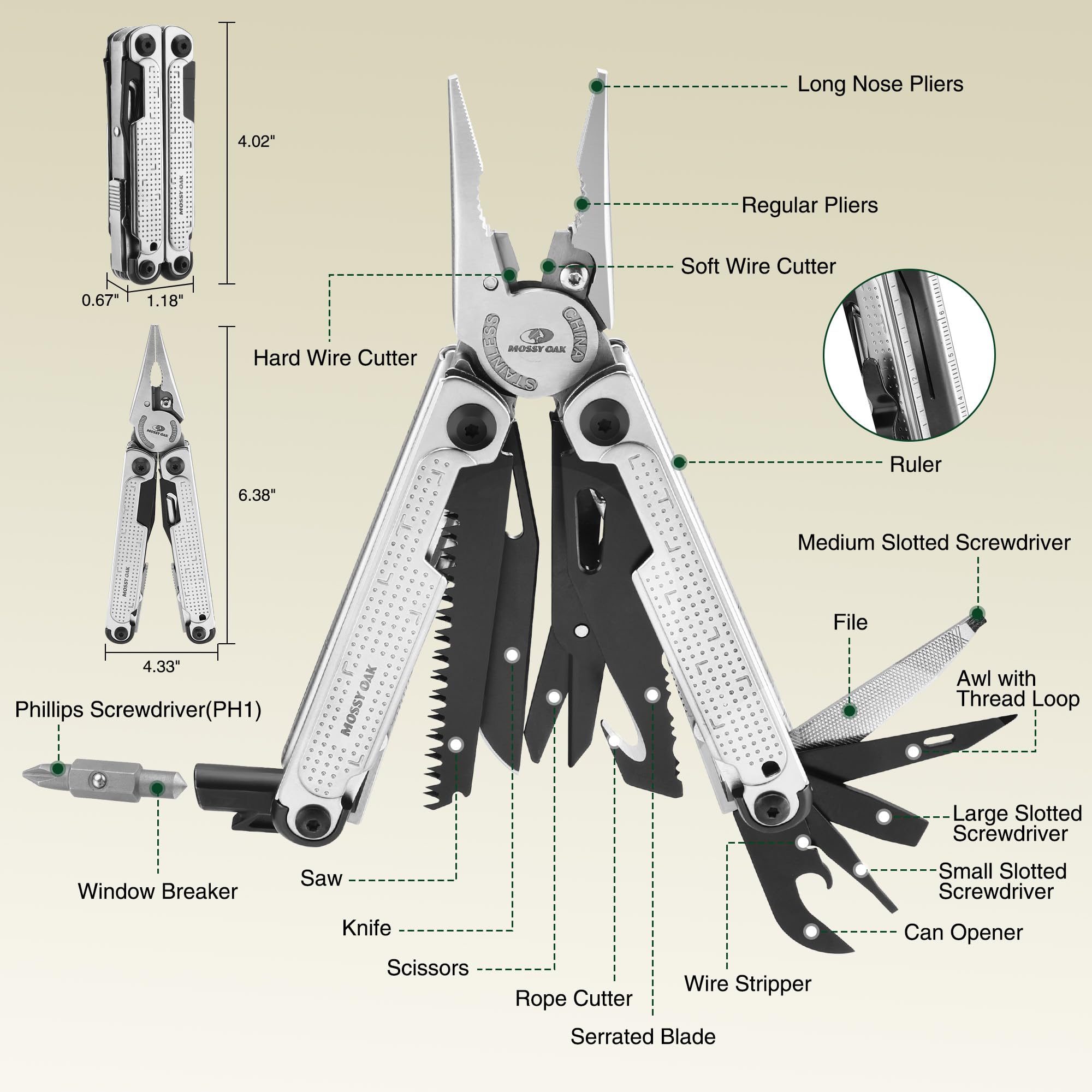 Mossy Oak Multitool self-locking pliers provide secure grip during on-trail repairs.