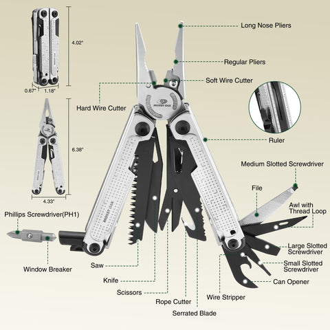Mossy Oak Multitool self-locking pliers provide secure grip during on-trail repairs.