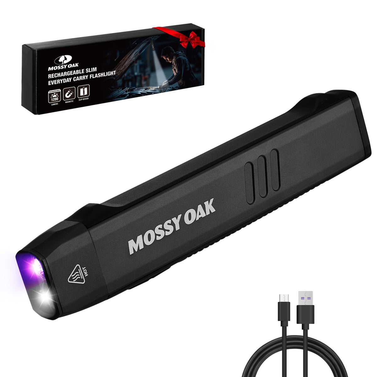Mossy Oak rechargeable EDC flat flashlight with 1200 lumens for versatile everyday use.