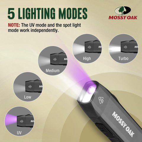 Mossy Oak flashlight features a magnetic base for hands‑free work on metal surfaces.
