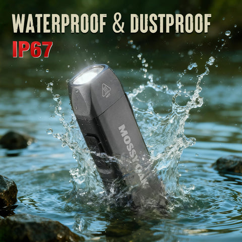 Mossy Oak Flashlight with magnetic base for hands-free use on metal surfaces.