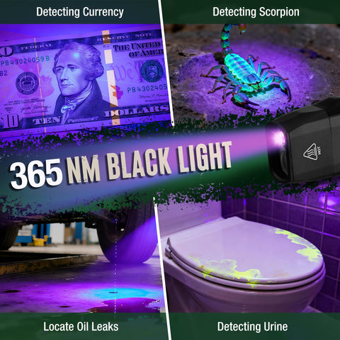 Mossy Oak UV-detection 365nm flashlight helps verify materials and detect stains.