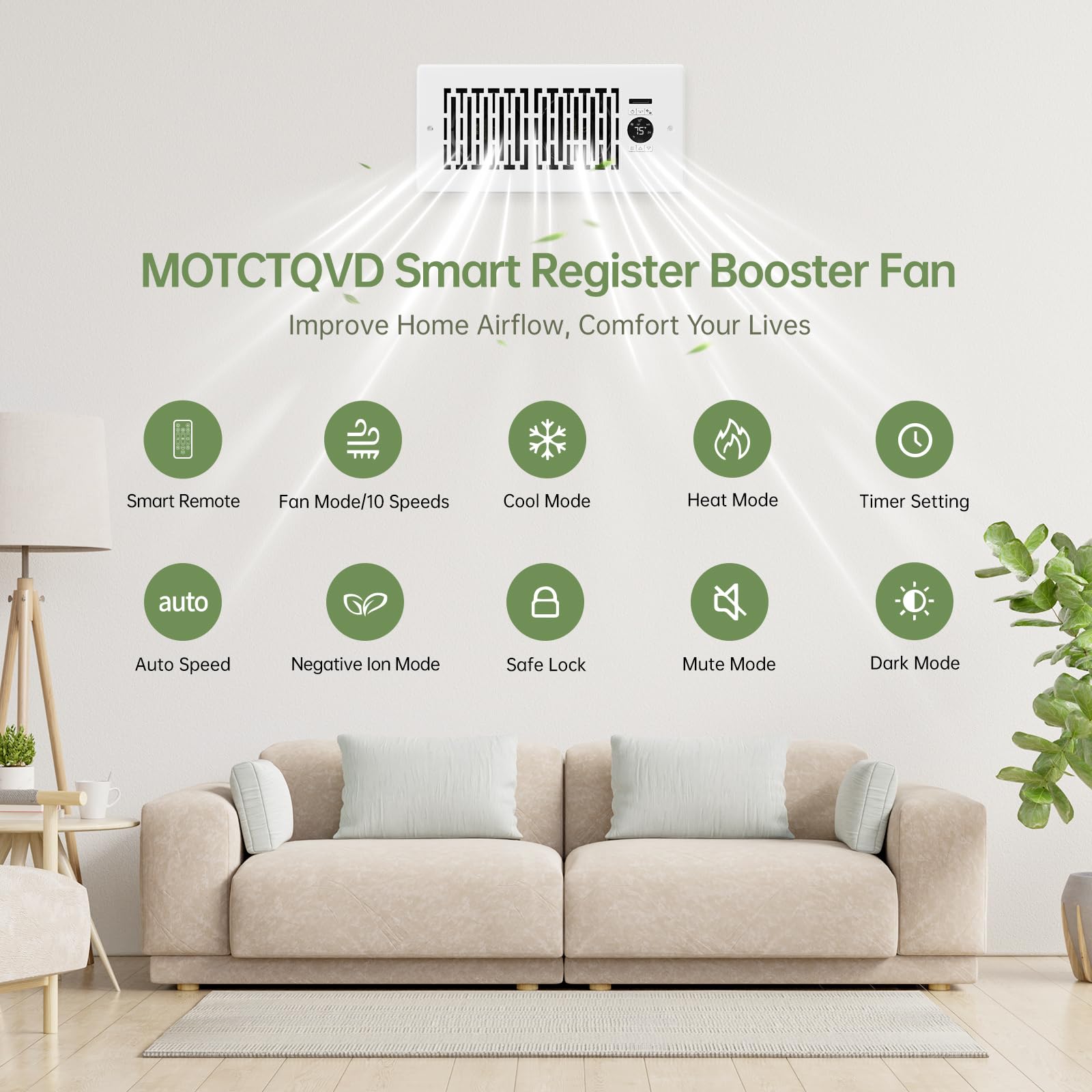 MOTCTQVD smart thermostat panel displays duct and room temperatures.
