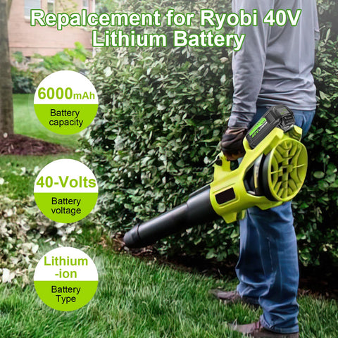 Moticett 40V battery side view demonstrates compatibility with Ryobi tools.