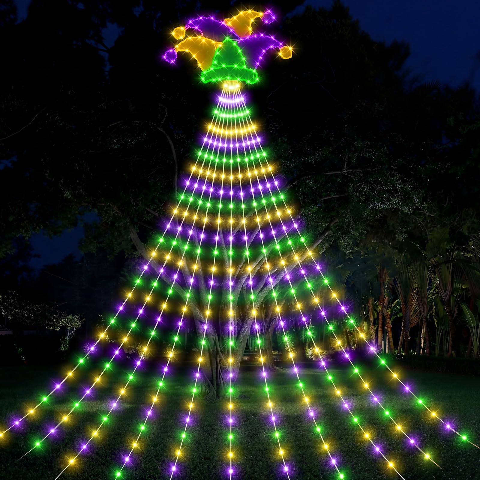 Motionchic Mardi Gras waterfall 12ft lights create festive outdoor ambiance for yard parties.