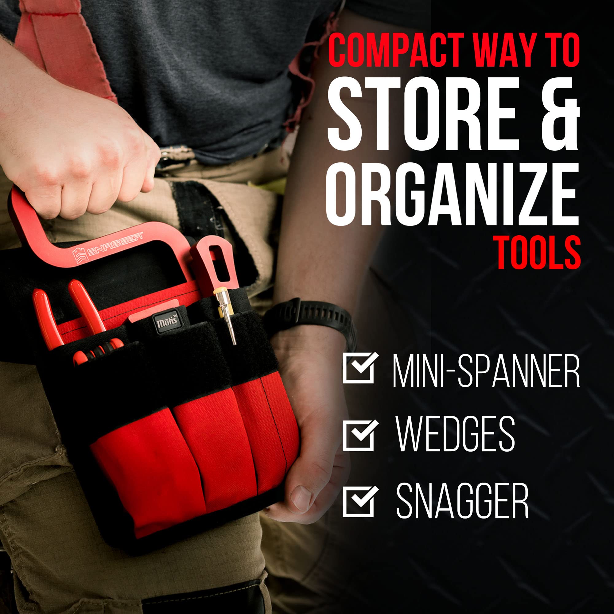 Motis Fire Pocket Organizer pouch webbing handle for secure grip.