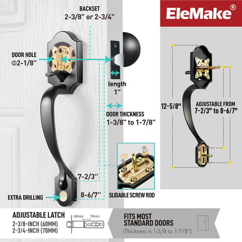 Backset compatibility supports 2-3-8 and 2-3-4 inch doors for flexible fitting.