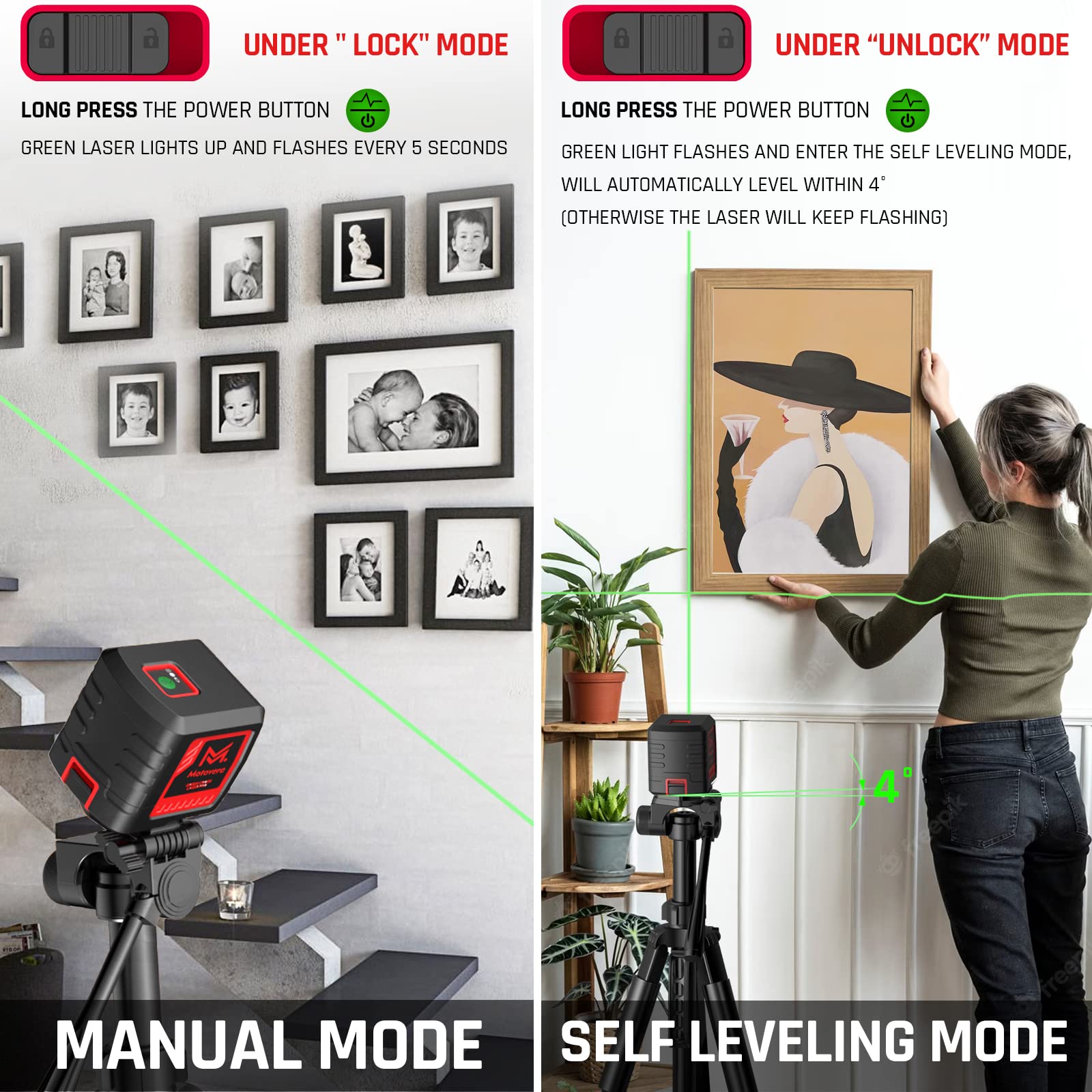 Motovera laser level with brightness modes ensures visibility in bright environments.