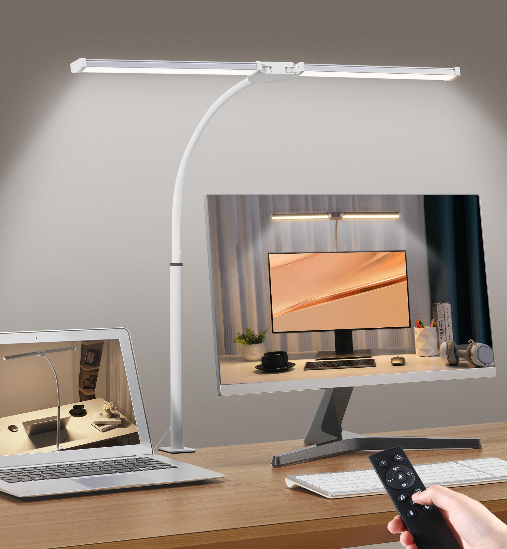 Motumen dual-head desk lamp clipped on desk for broad task lighting.