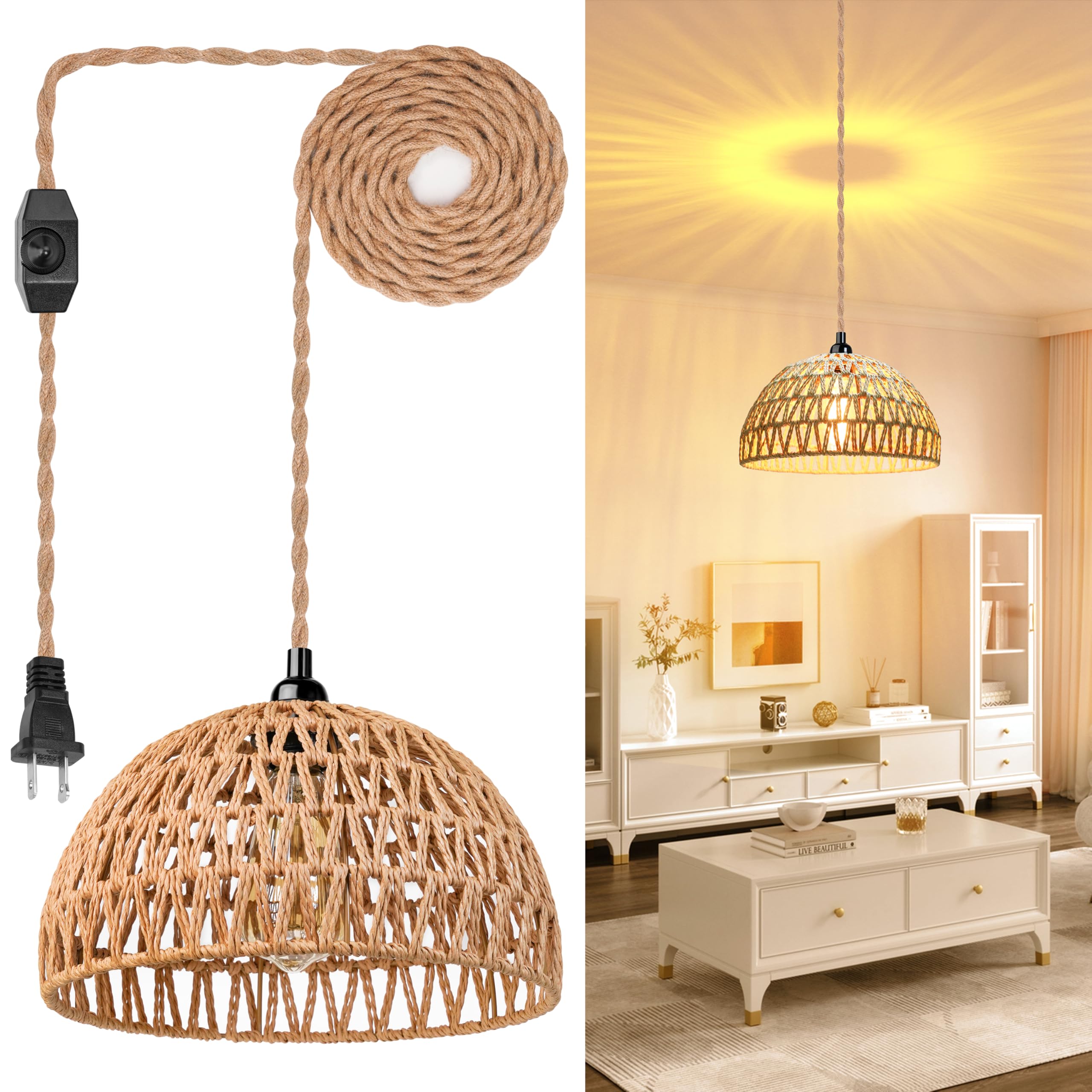 MouJeHom plug-in pendant light with rattan cage for cozy living spaces