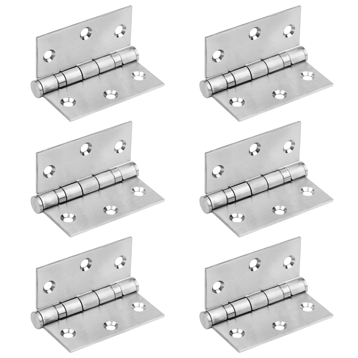 MOUNTAIN_ARK 6-pack 3x3 square hinges in brushed stainless steel for sturdy door mounting.
