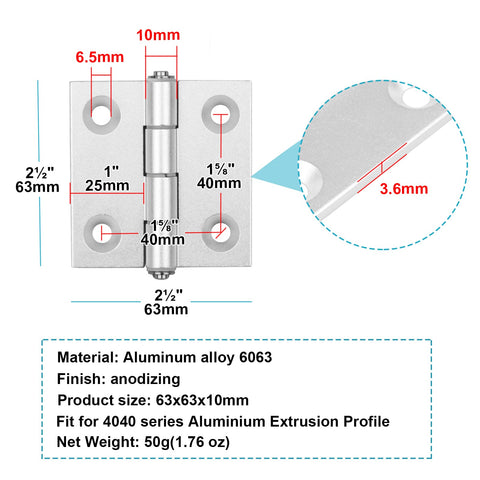 Mountain Ark 63mm hinges shown in side profile for precise alignment with 4040 profiles.