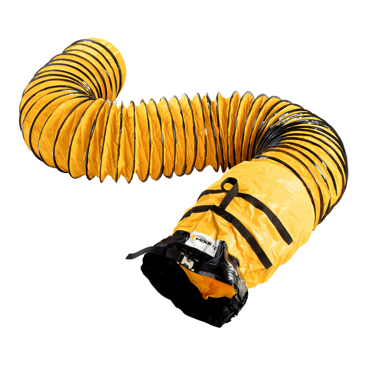 MOUNTO 25ft PVC ducting connected to an 8-inch exhaust fan for portable ventilation.