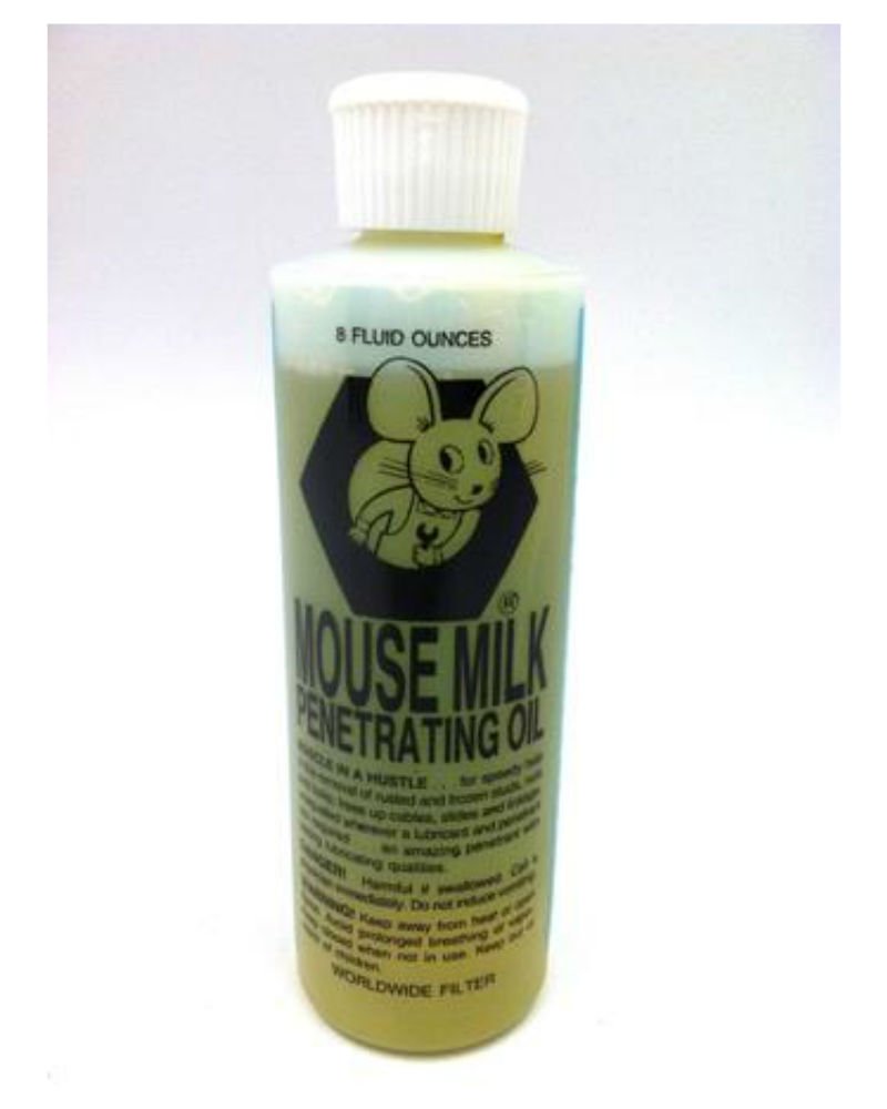 Mouse Milk Penetrating Oil bottle close-up for quick lubrication.