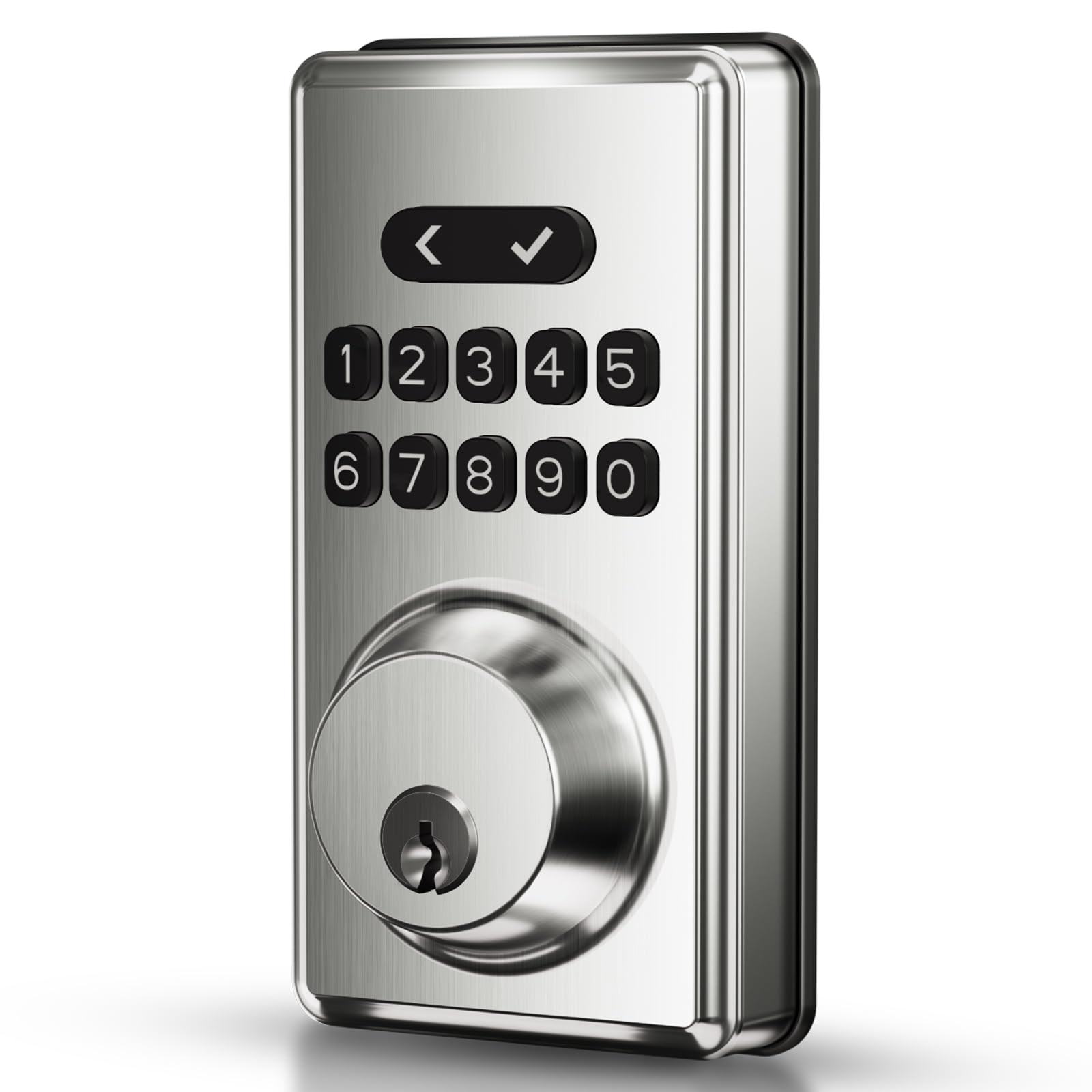 MOUSETRO keyless-entry front door with satin nickel finish for durable security.