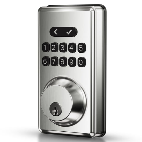 MOUSETRO keyless-entry front door with satin nickel finish for durable security.