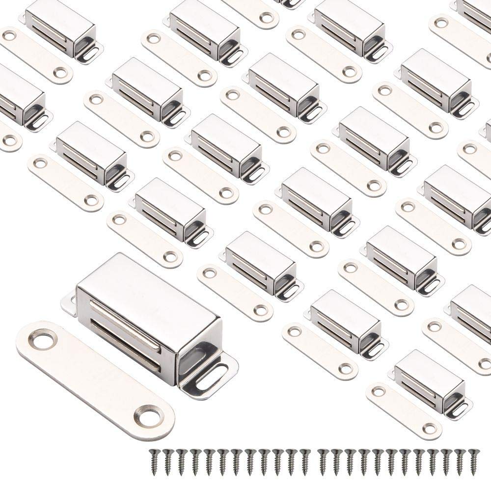 Mousike cabinet magnets close-up in stainless steel finish for smooth closure.