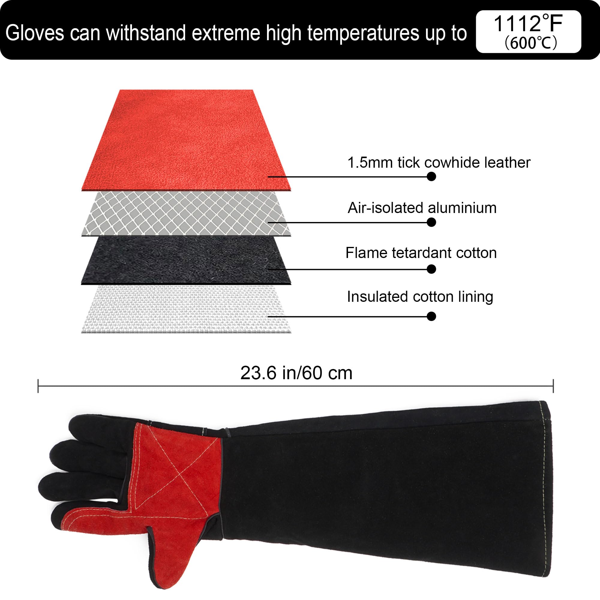 MOUTCLMB heat-resistant leather gloves with extended cuffs protect hands and forearms.