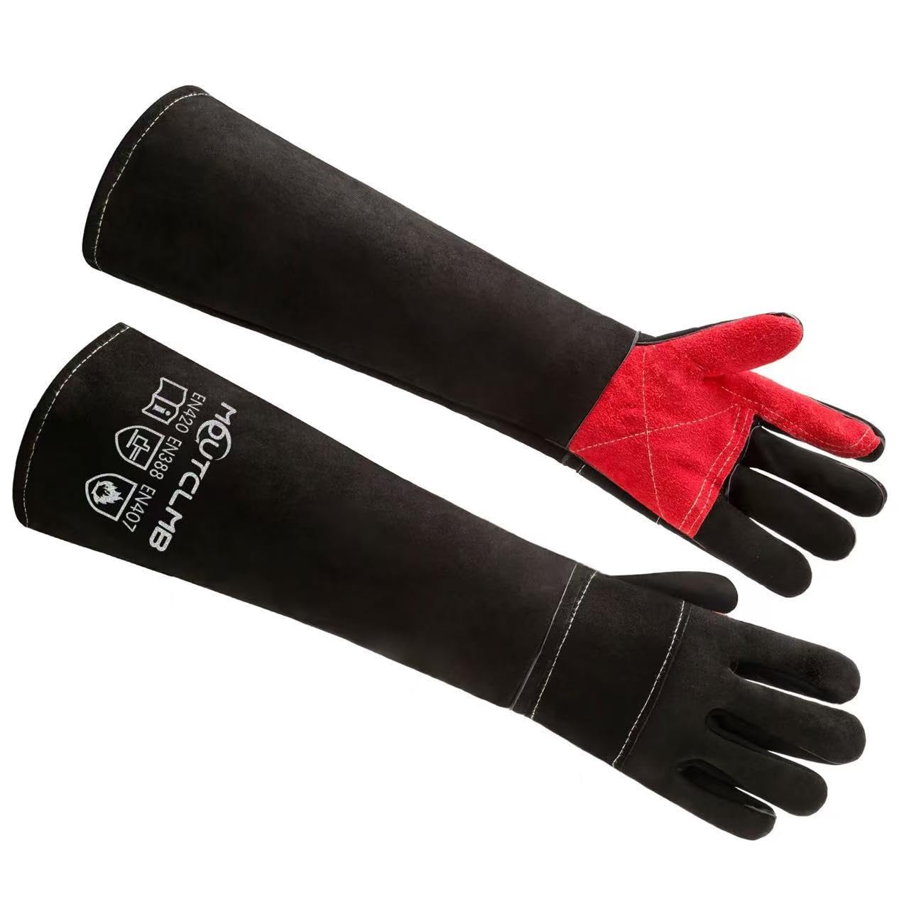 MOUTCLMB long welding gloves provide forearm protection during welding tasks.