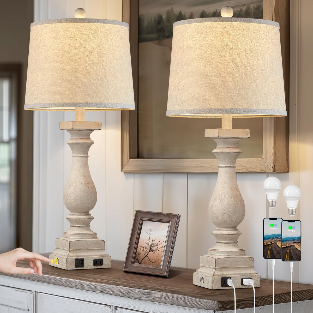MOUVOVO 28-inch farmhouse lamps set with USB ports for bedside charging