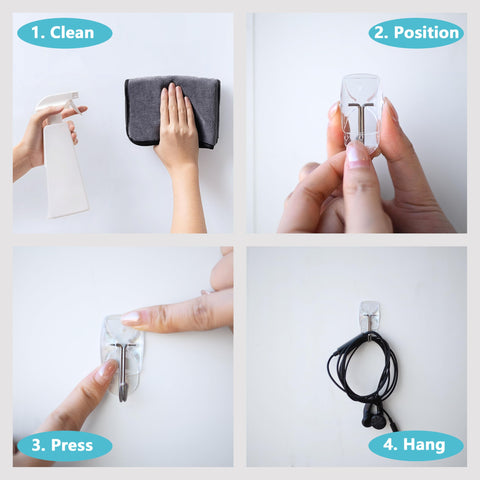 Movelyst clear wall hooks shown supporting keys and hats.