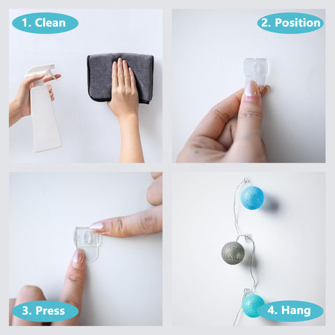 Movelyst damage-free wall-hanging clips demonstrate easy, clean removal without marks after use.