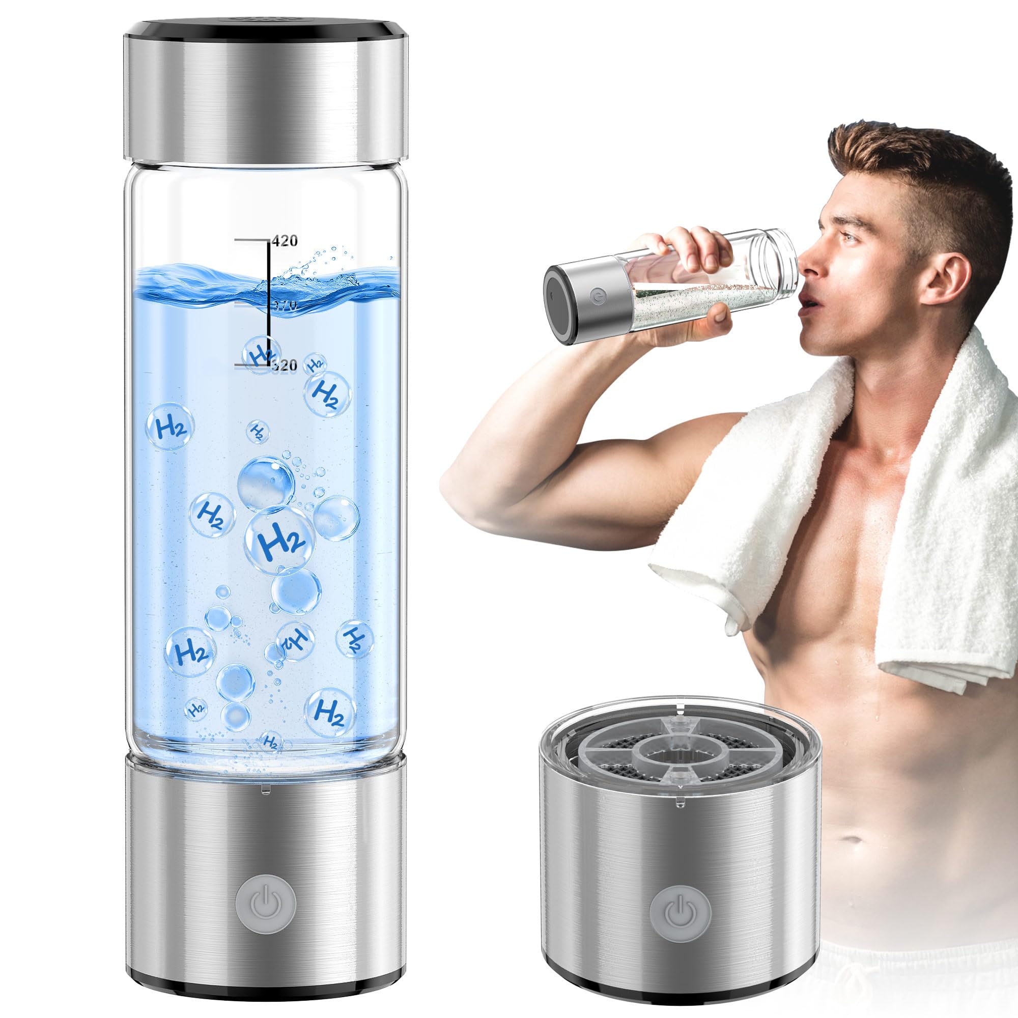 MOVOCA hydrogen water bottle showing the 3min generator for rapid on-the-go hydration