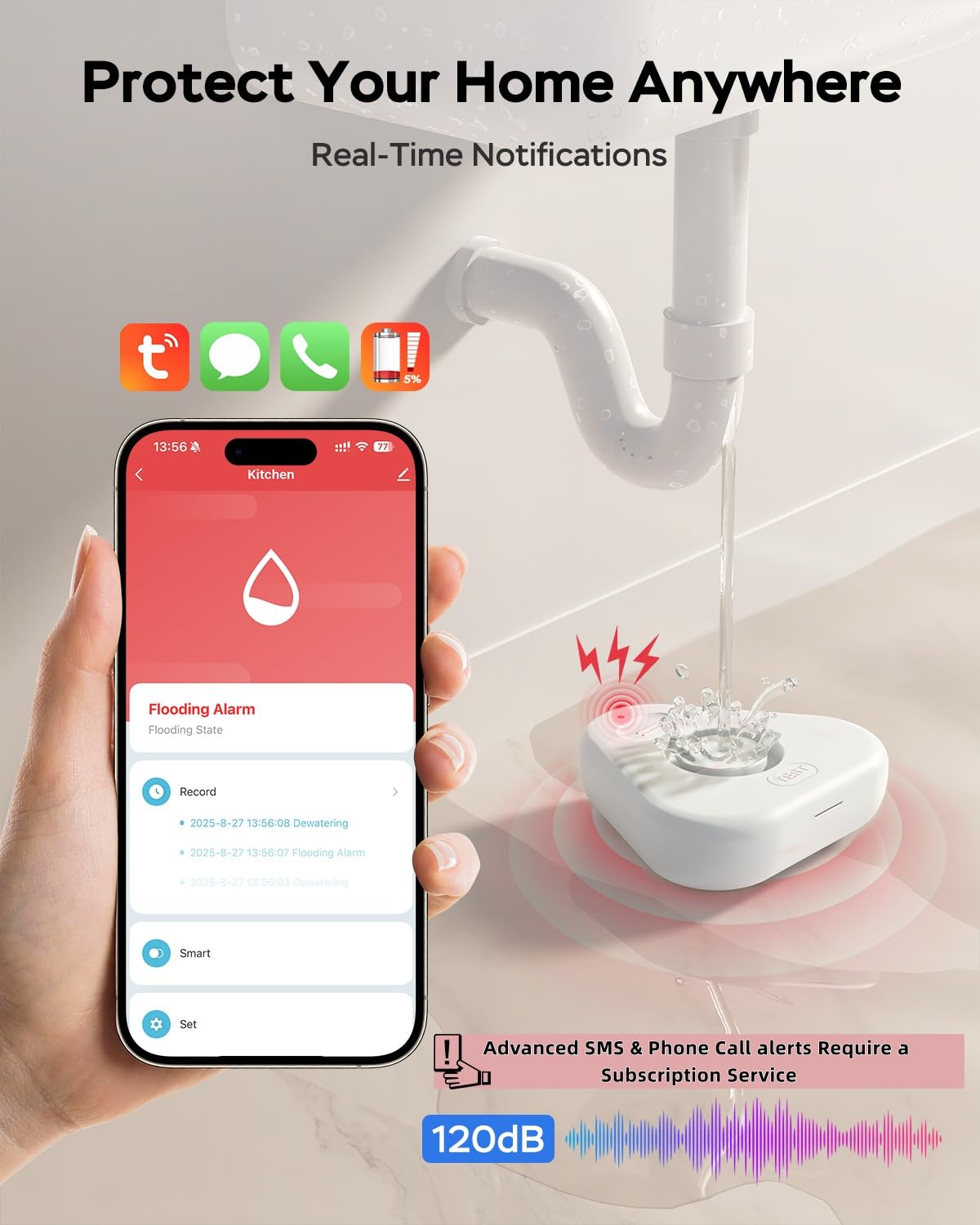 MOXIV Water Leak Detector displaying 120dB alarm capability