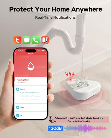 MOXIV Water Leak Detector displaying 120dB alarm capability