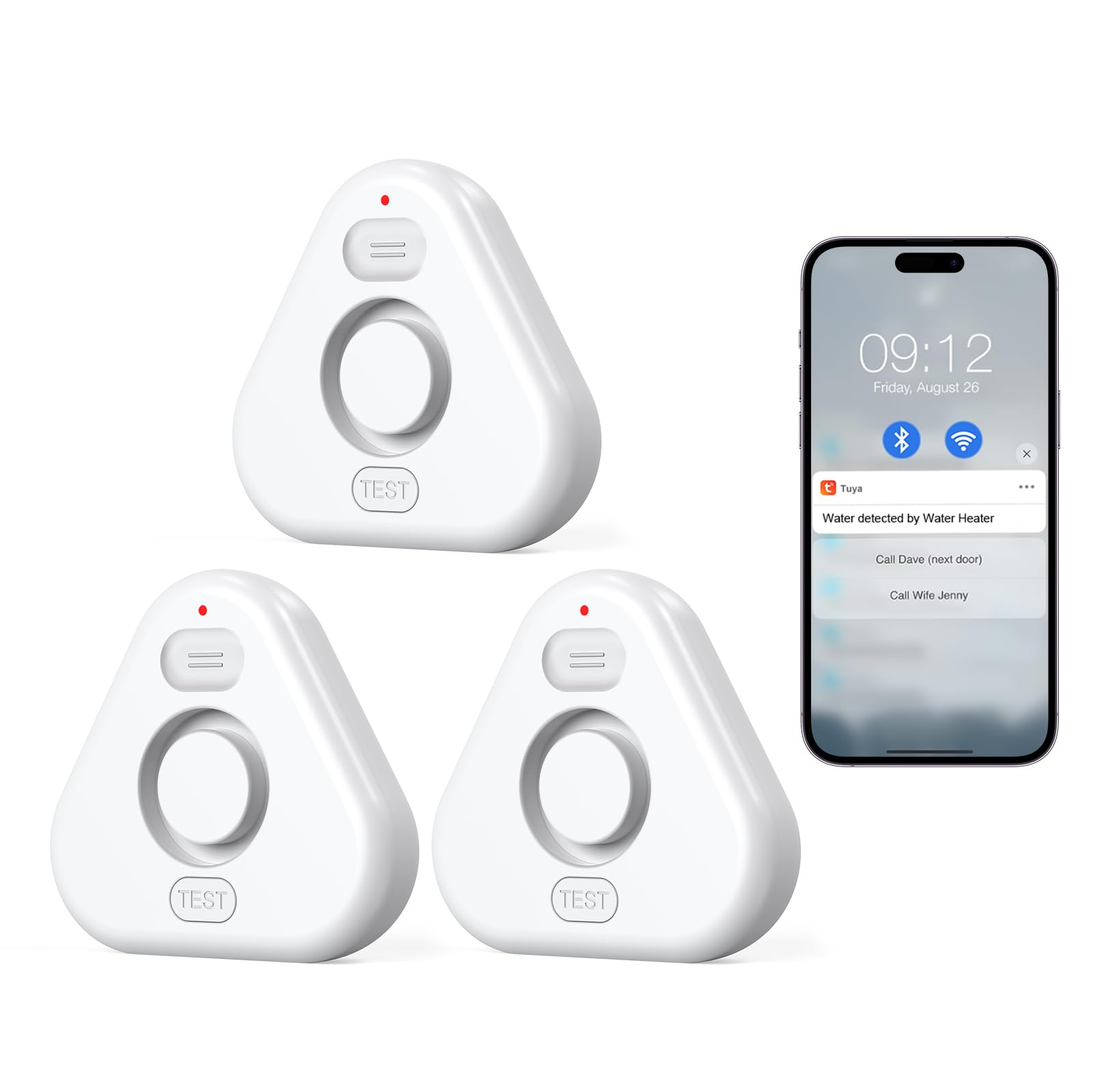 MOXIV Water Leak Detector 3-pack front view for home protection