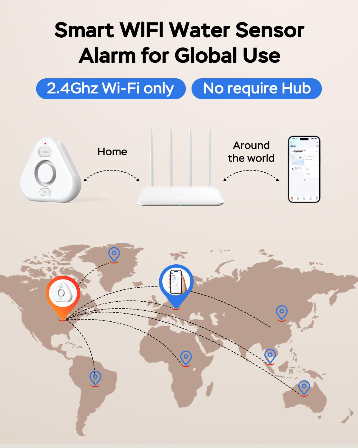 MOXIV Water Leak Detector showing Wi-Fi app notifications feature