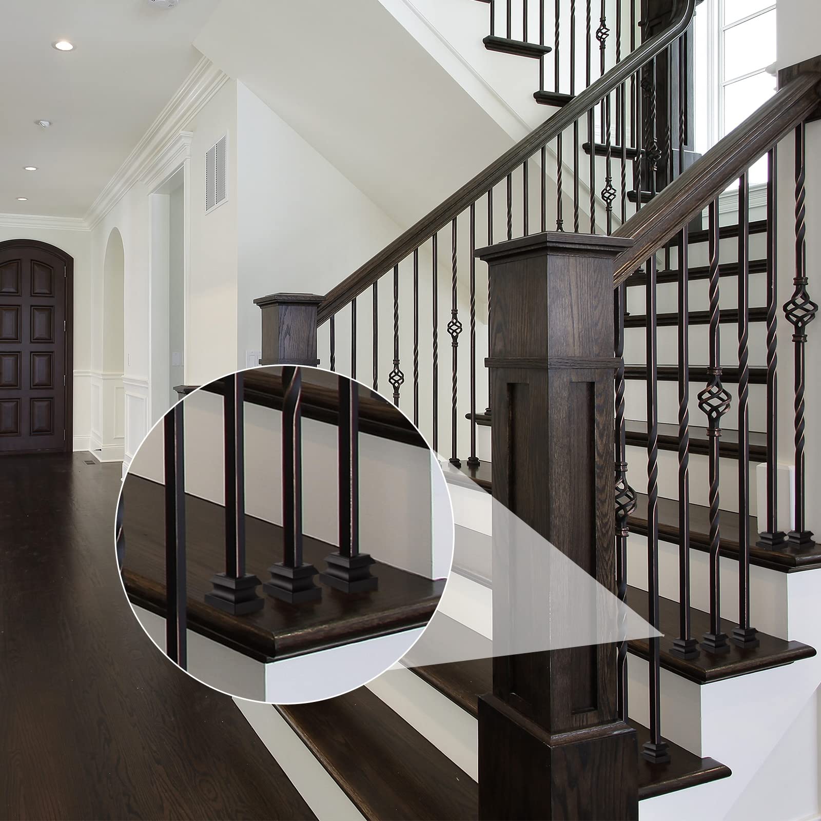 Moxweyeni baluster shoe shown on stair step with a modern black finish.
