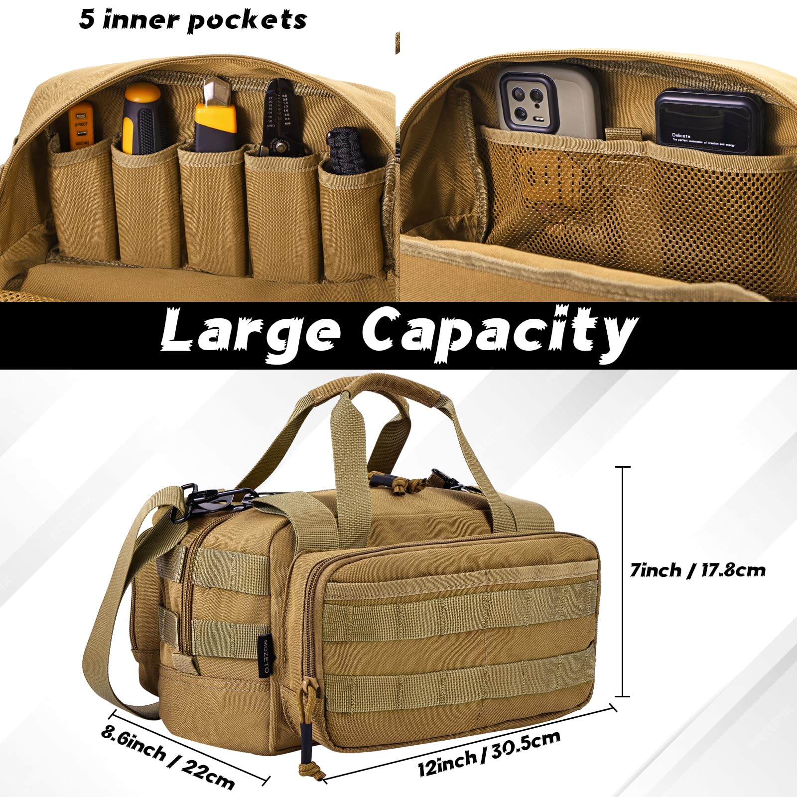 MOZETO tool bag side view with MOLLE demonstrates expandable storage for on-the-go gear.