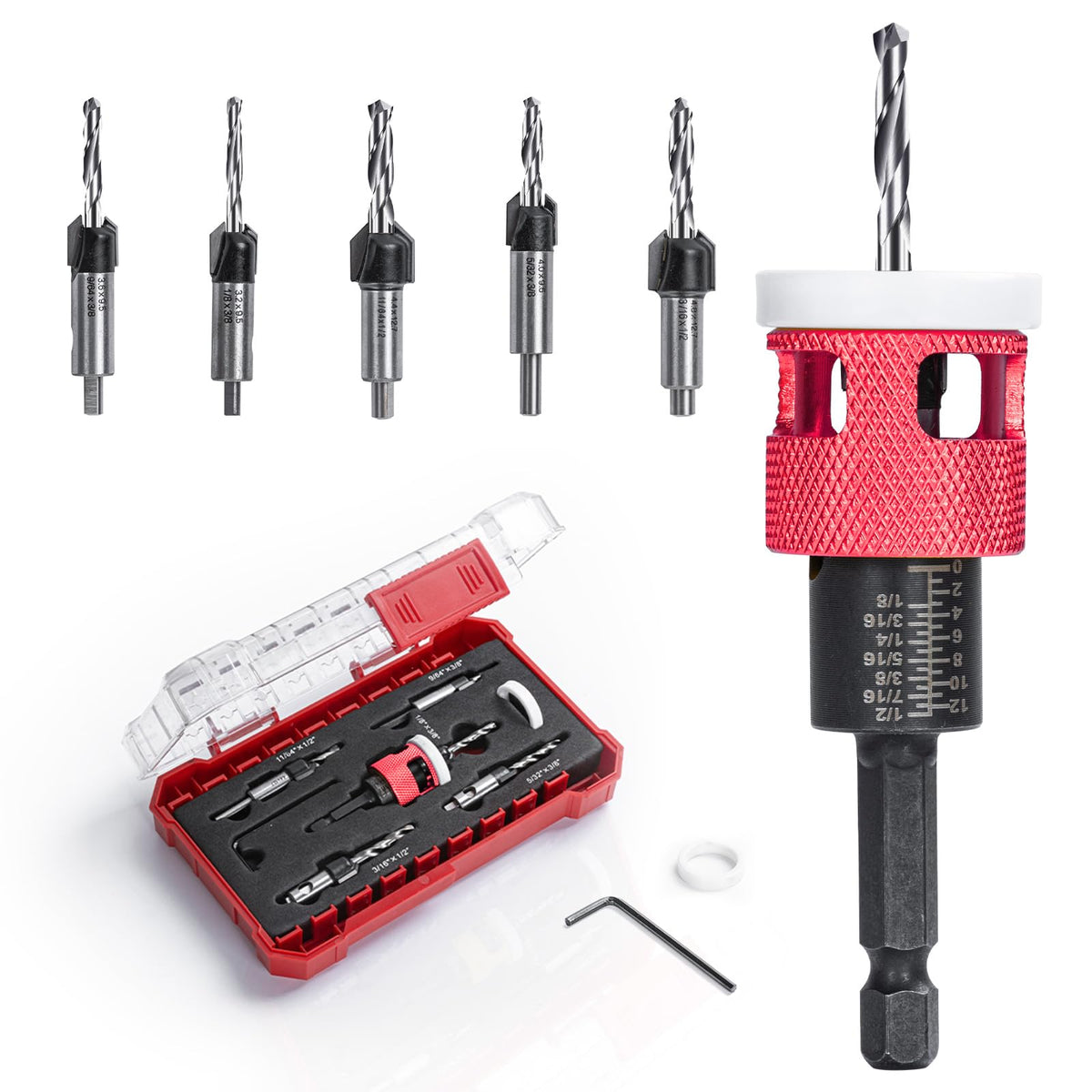 Mozeyerh 5-pcs countersink set in case for precise woodworking tasks.