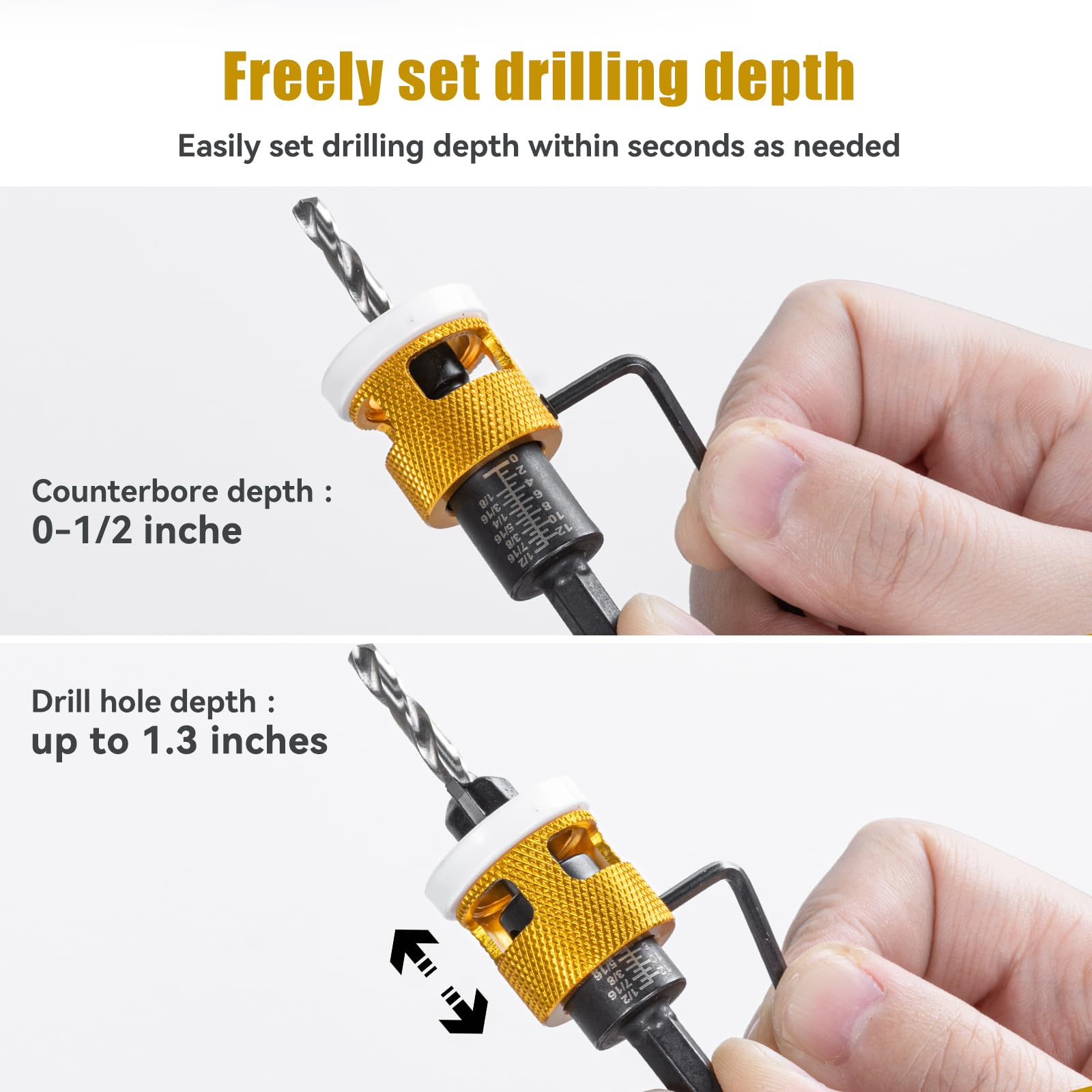 Mozeyerh depth stop adjustment enables precise drilling depths.