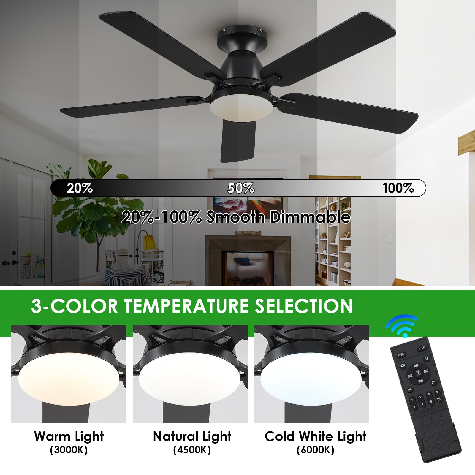 Mpayel low-profile black ceiling fan for quiet bedroom cooling