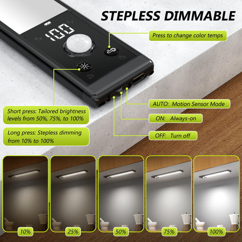 Mpotmiy under-cabinet lights display battery level at a glance for easy planning.