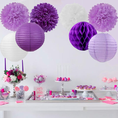 Mprocherify close-up of tissue pom poms in lilac shades
