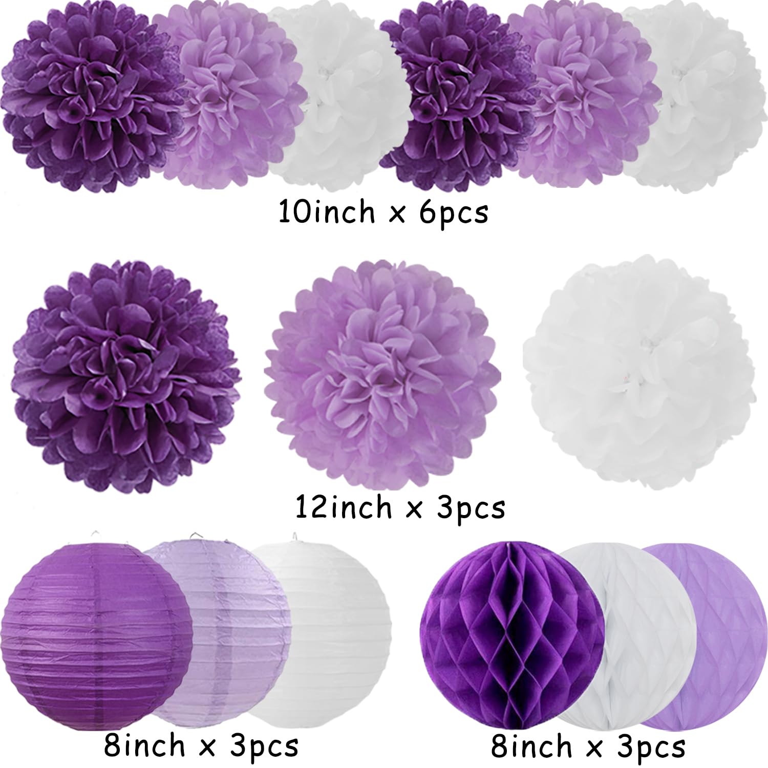 Mprocherify purple white decor pack arranged for party setup